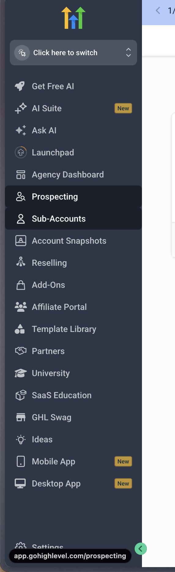 Agency View sidebar with Sub-Accounts highlighted