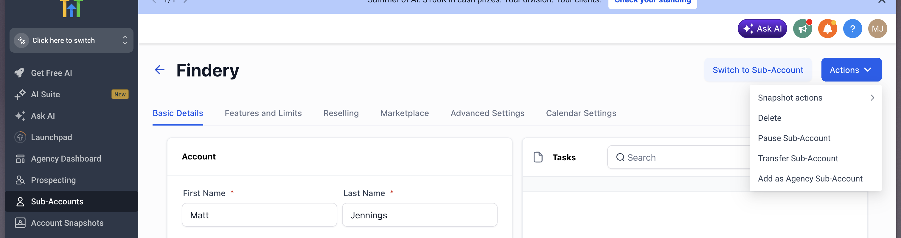 Actions menu with Transfer Sub-Account