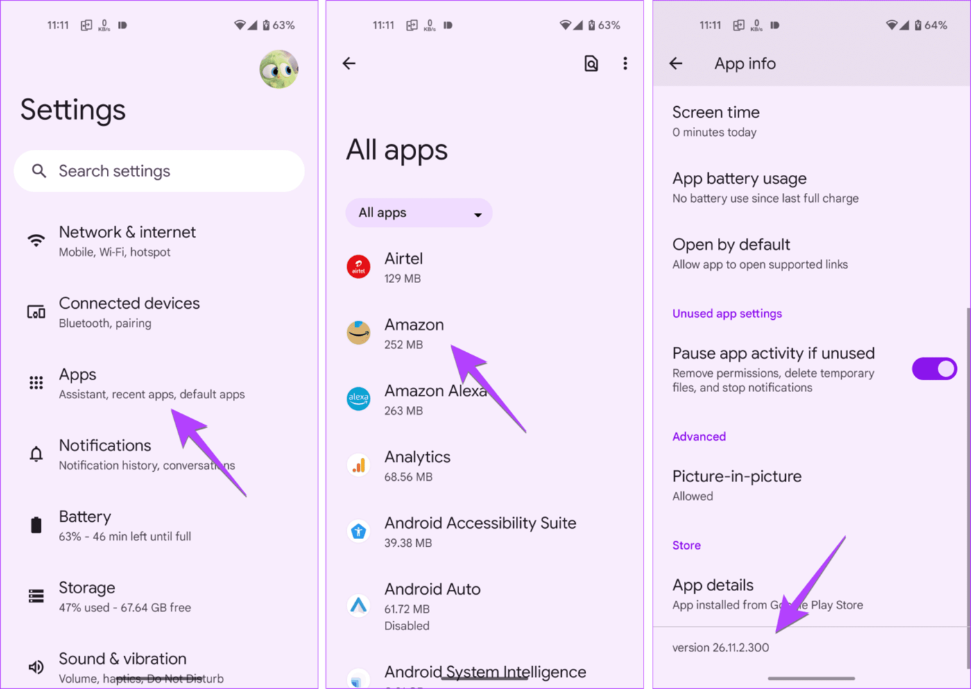 Android Settings, the All apps list, and an App info page with the version at the bottom