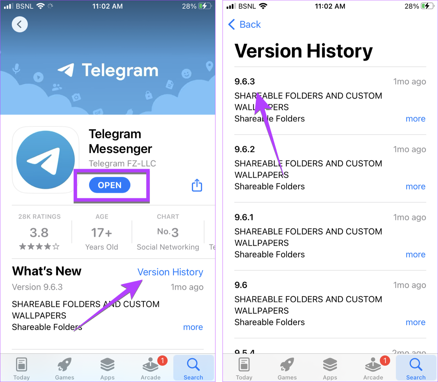 An App Store listing showing the Open button and the Version History link, and the Version History screen