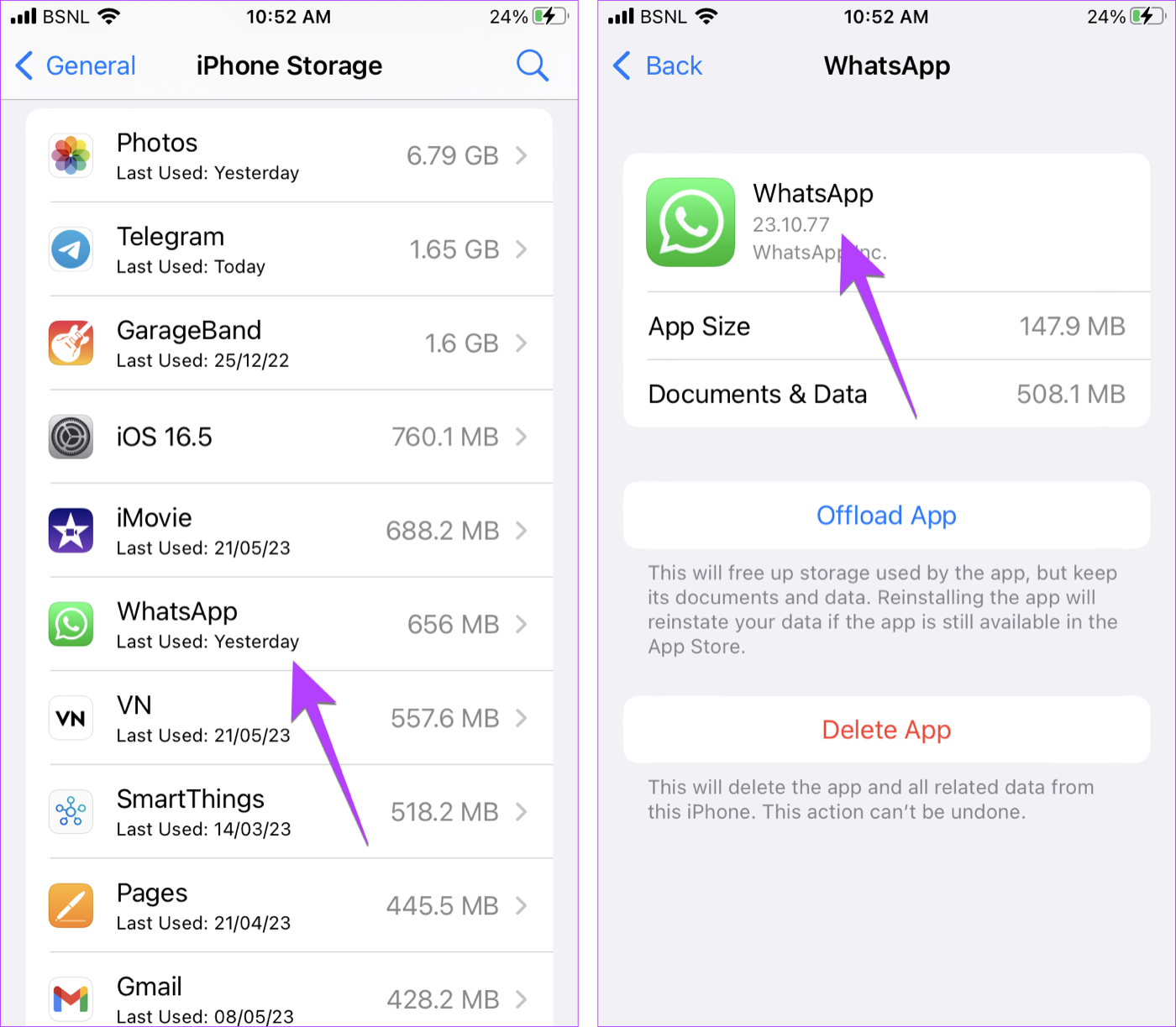 iPhone Storage list, then an app's page with the version number under its name