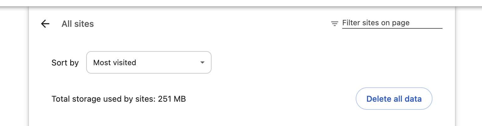 Chrome's All sites settings page, with the Filter sites on page box in the top right